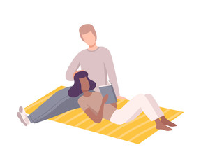 Obraz na płótnie Canvas Couple in Love Having Picnic in the Park, Man and Woman Characters Relaxing Outdoors, Girl Lying and Reading Book Flat Vector Illustration