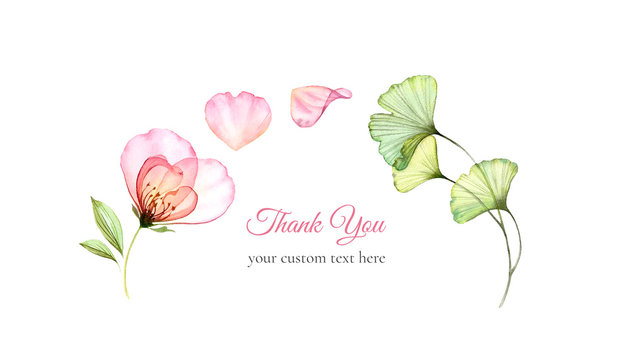 Watercolor Thank You card. Transparent rose with flying petals isolated on white. Arch composition. Botanical floral illustrations for wedding invitations, stationery, greeting cards. 