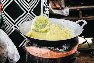 Preserved durian, durian paste cooking process Durian paste is made from fully ripe durian aril, mixed with sugar and coconut milk or with sugar alone, stirred over low heat until thickened.