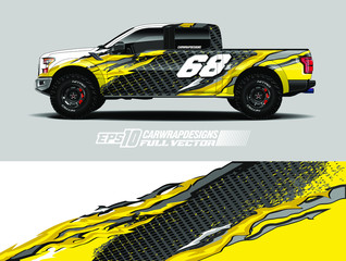 vehicle graphic livery design vector. Graphic abstract stripe racing background designs for wrap cargo van, race car, pickup truk, adventure vehicle. © zoulgraphic