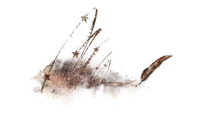 Abstract illustration with old rusty stars and a bronze feather. Book writer logo. - obrazy, fototapety, plakaty