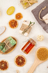 Handmade organic natural soap, dry shampoo, brushes, bathroom accessories, eco friendly spa, beauty skincare concept. Small business, ethical shopping idea
