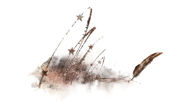 Abstract Illustration With Old Rusty Stars And A Bronze Feather. Book Writer Logo.