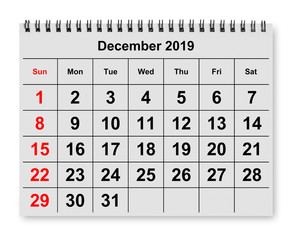 Page of monthly calendar - December 2019