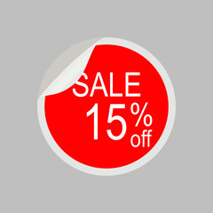 Sticker, tag, label, stamp, infographic element. Sale 15% off. Vector illustration on gray background.