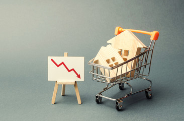 Two wooden house in the shopping cart and a stand with red arrow down. concept of real estate value...