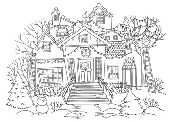 Gnomes decorating house with Christmas lights outdoors. Snowy house, fir-trees, snowman in Christmas holiday season. Coloring page for children and adults. Vector illustration