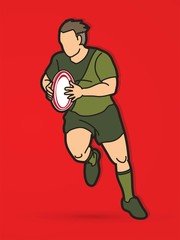 Rugby player action cartoon sport graphic vector.