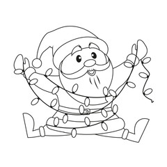 Santa Claus with Christmas lights. Black and white vector illustration for coloring book
