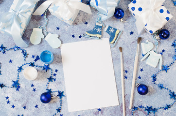 Christmas mock up for greeting card or letter to Santa in blue color.