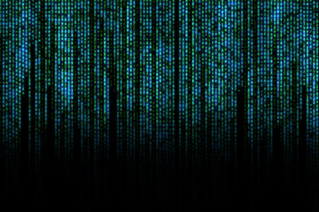 Binary matrix background. Falling sign on dark backdrop. Abstract data concept. Blue and green futuristic cyberspace