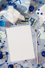 Obraz premium Christmas mock up for greeting card or letter to Santa in blue color.