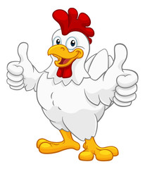 A chicken cartoon rooster cockerel character mascot giving a thumbs up.