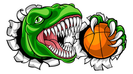 A dinosaur T Rex or raptor basketball player cartoon animal sports mascot holding a ball in its claw