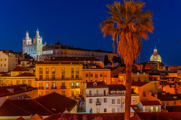 Sunset view of Alfama district and Church of São Vicente of Fora in Lisbon, Portugal