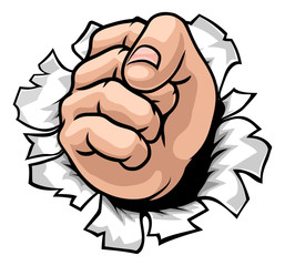 A hand in a fist punching through the background cartoon illustration