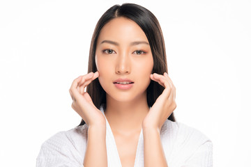 Beautiful Young Asian Woman with Clean Fresh Skin. Face care, Facial treatment, on white background, Beauty and Cosmetics Concept.