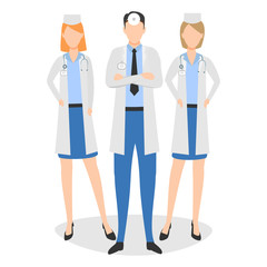 Medical team. Concept vector illustration with three doctors isolated on the white background