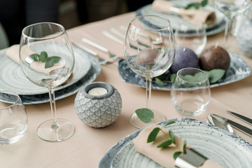 Luxury table setting for dining in pastel colors close up