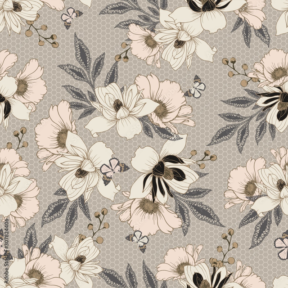 Poster seamless vector pattern with poppies and clementis flowers, lace leaves on a grid background