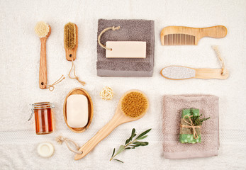 Handmade organic natural soap, dry shampoo, brushes, bathroom accessories, eco friendly spa, beauty skincare concept. Small business, ethical shopping idea