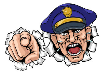An angry policeman police officer pointing at the viewer and shouting cartoon