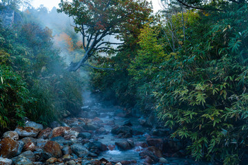 Morning view of the creek in Tamagawa Hot Spring with stream flow over the area in autumn season . Tamagawa hot pring is in Towada Hachimantai National Park, Akita Prefecture, Japan.