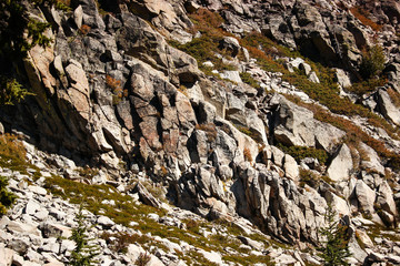 Close up of rock work at Lassen Volcanic National Park. Rough terrain detail.