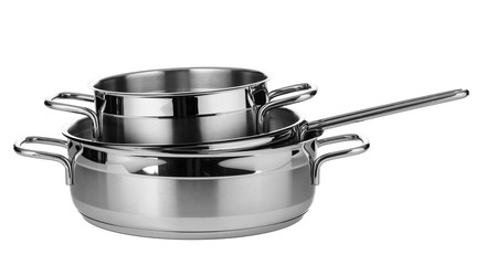 Set of stainless steel dishware isolated on white background