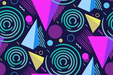 Seamless vector pattern with different kinds of geometric shapes on a dark background. Minimalistic modern design in Memphis style. Fashion 80-90's. Geometrical print  in trendy neon colors.