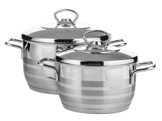 Set of stainless steel dishware isolated on white background