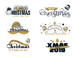 Merry Christmas & Happy New Year graphic set, tshirt designs for xmas party with xmas tree, santa, texts and ornaments. Fun typography.Use for banners, greeting cards, advertisement, poster, sale.