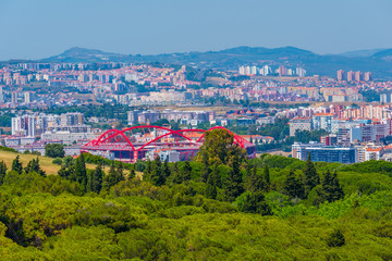 Aerial view of downtown Lisbon and football stadium from Monsanto, Portugal