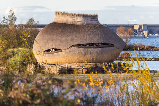 Bird Observatory named Tij, an unique and one of Europes most beautiful bird watching huts, Haringvliet, The Netherlands.