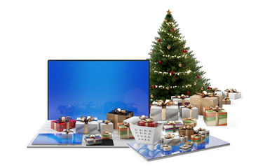 online shopping concept. computer and christmas gifts 3d-illustration