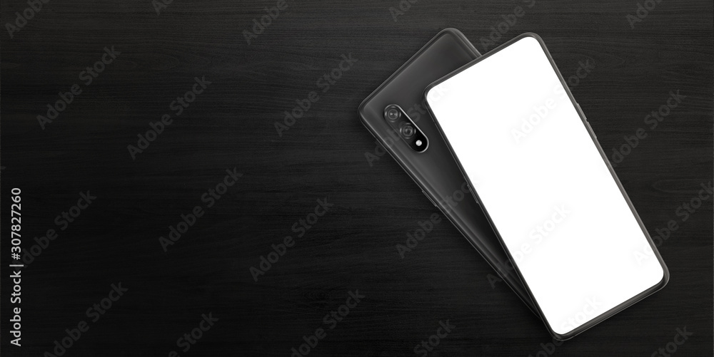 Poster phones on black surface. isolated screen for mockup, thin edges, without front camera and phone back