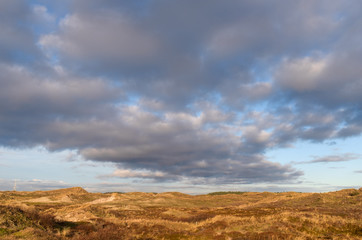 Fototapeta na wymiar Panoramic view of a dune landscape under a cloudy sky