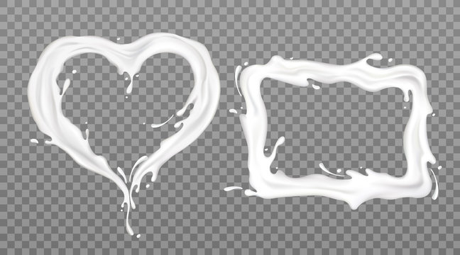 Milk splash frames rectangle and heart shape set, yogurt or dairy drink product borders with white spray droplets, clip art template isolated on transparent background Realistic 3d vector Illustration
