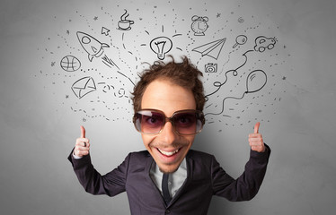 Full big head on small body with icons and symbols around