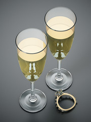 Champagne glasses and wedding rings isolated on white background. 3D illustration