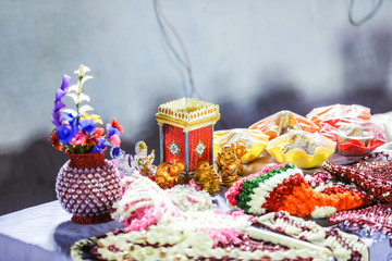 Traditional  wedding ceremony in Hinduism : Decoration on table 