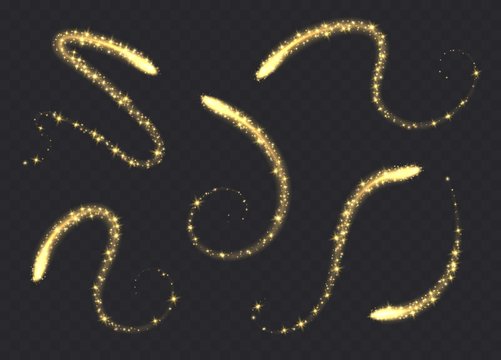Magic swirls collection isolated on transparent background. Golden light trails with sparkles, glowing light effect, yellow shiny stardust. Vector illustration.