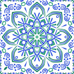 Antique portuguese tiles. Blue Azulejos ceramic. Spanish pottery..Sicily italian majolica. Vintage ethnic background . Mediterranean watercolor seamless wallpaper. Moroccan ornaments in indigo color