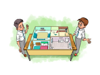 Two boys talking about a model near a house model.