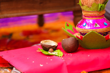 Dry coconut and lord Ganesha sculpture  