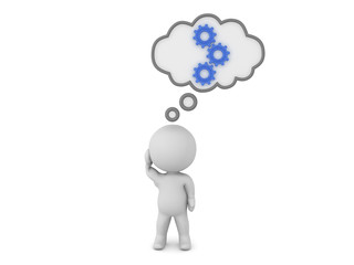 3D Three blue gears turning inside thought bubble