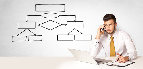 Businessman sitting at desk and presenting organizational chart