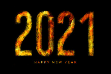 illustration of a happy new year 2021 text in the fire of hell for a catastrophic and apocalyptic theme on a black background
