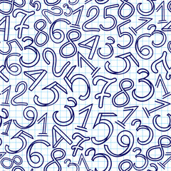 Math vector seamless pattern with handwritten numerals, copybook grid paper effect