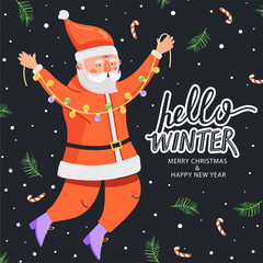 Merry Christmas and Happy New Year illustration. Funny happy Santa Claus character with garland, candy, fir-tree branch and stylish lettering. Design for postcard, invitation, poster etc. Vector.